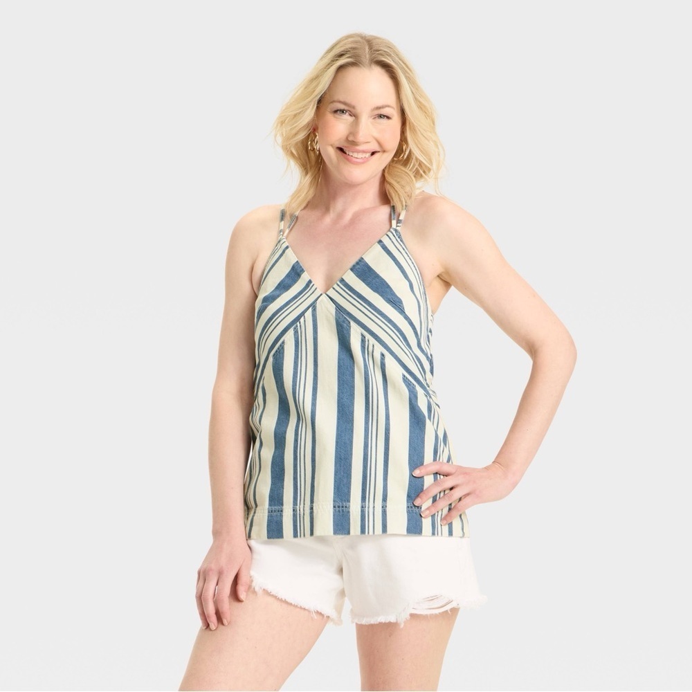NWT Women's Striped Denim Tank Top - Universal Thread Navy XL